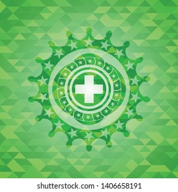 medicine icon inside realistic green emblem. Mosaic background