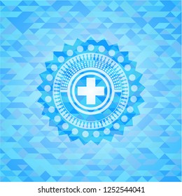 medicine icon inside realistic light blue emblem. Mosaic background