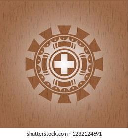 medicine icon inside realistic wooden emblem