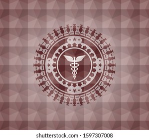medicine icon inside red badge with geometric background. Seamless.