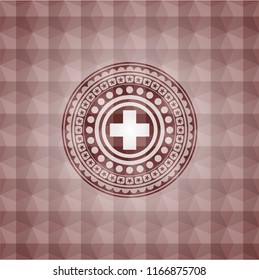 medicine icon inside red emblem with geometric pattern background. Seamless.