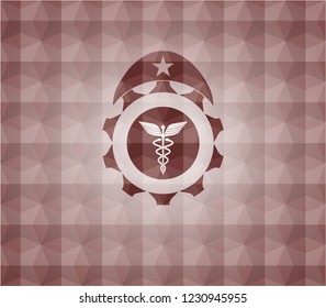 medicine icon inside red emblem with geometric background. Seamless. medicine icon inside red emblem with geometric background. Seamless.
