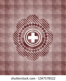 medicine icon inside red emblem with geometric pattern. Seamless.