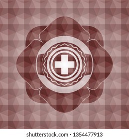 medicine icon inside red emblem with geometric pattern. Seamless.