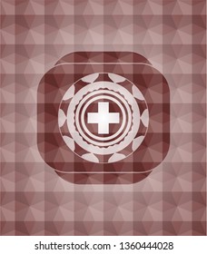 medicine icon inside red emblem with geometric pattern. Seamless.