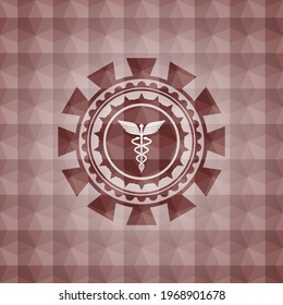 medicine icon inside red emblem with geometric background. Seamless. 