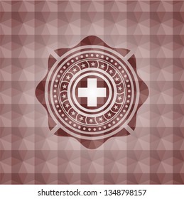 medicine icon inside red geometric pattern emblem. Seamless.