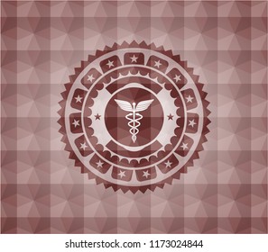 medicine icon inside red seamless emblem or badge with abstract geometric pattern background.