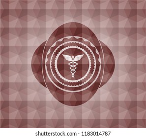 medicine icon inside red seamless geometric pattern emblem. Seamless.