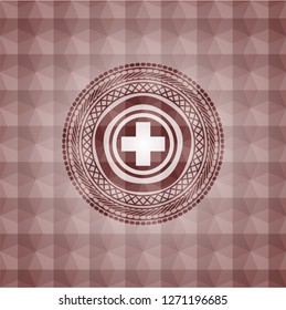 medicine icon inside red seamless emblem with geometric pattern.