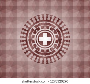 medicine icon inside red seamless emblem or badge with geometric pattern background.