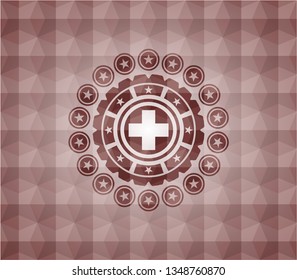 medicine icon inside red seamless badge with geometric pattern background.
