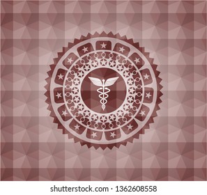 medicine icon inside red seamless emblem or badge with abstract geometric polygonal pattern background.