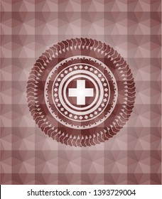 medicine icon inside red seamless geometric emblem.