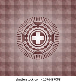 medicine icon inside red seamless geometric pattern emblem. Seamless.