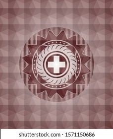 medicine icon inside red seamless emblem or badge with abstract geometric polygonal pattern background.