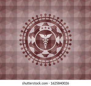 medicine icon inside red seamless emblem or badge with abstract geometric polygonal pattern background.