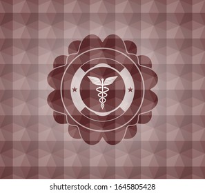 ícono de medicina dentro de placa poligonal roja transparente.