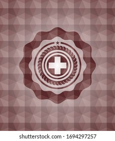 medicine icon inside red seamless geometric pattern emblem. Seamless.