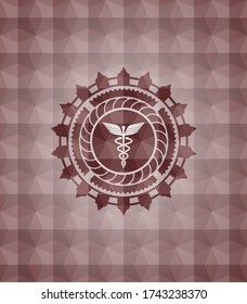 medicine icon inside red seamless emblem or badge with abstract geometric polygonal pattern background. 