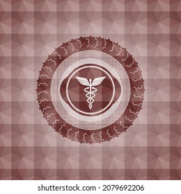 medicine icon inside red seamless badge with geometric pattern background. 