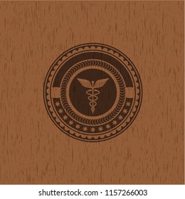 medicine icon inside retro wooden emblem