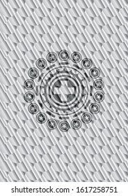 medicine icon inside shiny silver emblem. Scales pattern. Vector Illustration. Detailed.