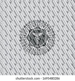 ícono de medicina dentro del brillante emblema de plata. Patrón de escalas. Ilustración vectorial. Detallado.