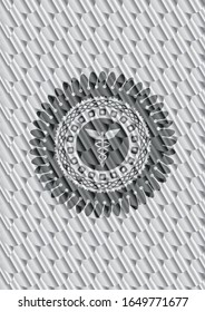 ícono de medicina dentro de la placa o emblema de plata. Patrón de escalas. Ilustración vectorial. Detallado.