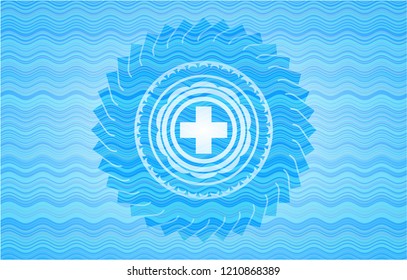 medicine icon inside sky blue water wave badge.