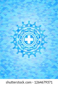 medicine icon inside sky blue mosaic emblem