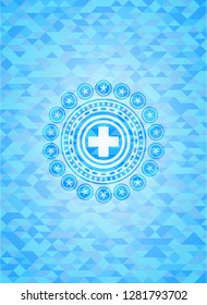 medicine icon inside sky blue mosaic emblem