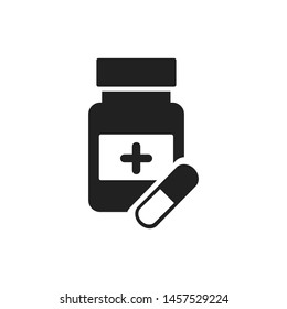 Medicine icon isolated on white background. Healthy symbol. Bottle with pill. Medicament and capsule. EPS 10