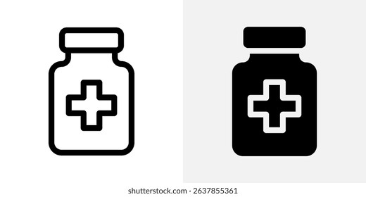 Medicine icon. Medical bottle with cross symbol sign. Healthcare container for pills, treatment and prescription pictogram. Pharmacy and hospital aid illustration.