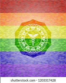 medicine icon on mosaic background with the colors of the LGBT flag