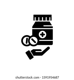 medicine icon  pills bottle in hand icon in black flat design on white background