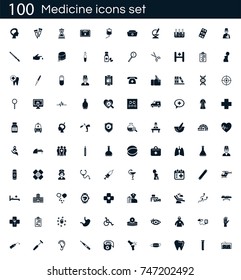 Medicine icon set with 100 vector pictograms. Simple filled medical icons isolated on a white background. Good for apps and web sites. 