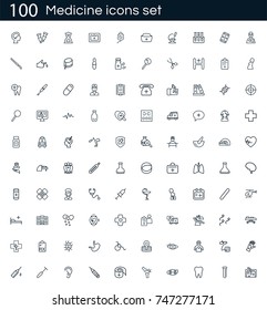 Medicine icon set with 100 vector pictograms. Simple outline medical icons isolated on a white background. Good for apps and web sites. 