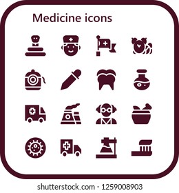  medicine icon set. 16 filled medicine icons. Simple modern icons about  - Snake, Doctor, Red cross, Pills, Dental floss, Eyedropper, Tooth, Science, Ambulance, Nuclear, Mad scientist