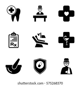 Medicine Icon. Set Of 9 Medicine Filled Icons Such As Man With Broken Arm, Dental Care, Health Insurance, Doctor, Bucket, Bandage, Dental Chair, Pharmacy