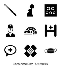 Medicine icon. Set of 9 Medicine filled icons such as scalpel, hospital, pregnant woman, eye test, medical cross, MRI, doctor, bandage
