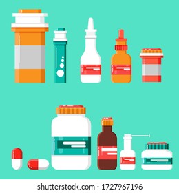 Medicine Icon Set. Medicine bottles with labels, bottles for drugs, tablets, capsules, prescriptions, vitamins etc. Pharmaceutical containers isolated on white background.