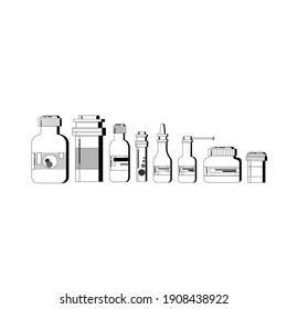Medicine Icon Set. Medicine bottles with labels, bottles for drugs, tablets, capsules, prescriptions, vitamins etc. Pharmaceutical containers isolated on white background.