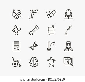 Medicine icon set and brain with nurse, vitamin and temperature. Overweight related medicine icon vector items for web UI logo design.