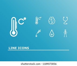 Medicine icon set and brain with temperature, vaccine and stethoscope. Cardiogram related medicine icon vector for web UI logo design.