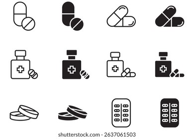 medicine icon set. capsule. pill. medicine bottle. one piece of medicine