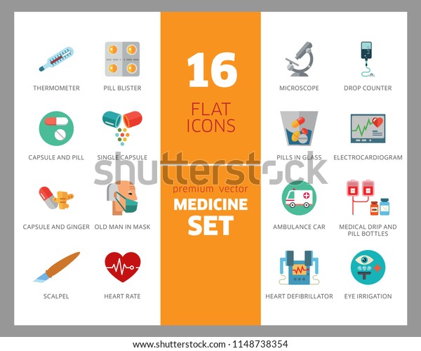 Medicine icon set. Capsule, pill,\
syringe, scalpel, microscope. Medication concept. Can be used for\
topics like medical help, lad research, test,\
emergency