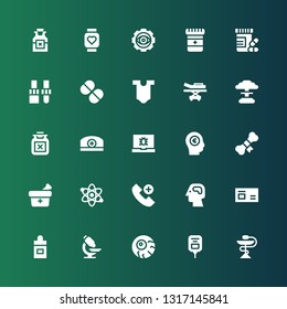 medicine icon set. Collection of 25 filled medicine icons included Medicine, Saline, Eyeball, Microscope, Ear dropper, Brain, Emergency call, Atom, Bone, Virus, Pharmacist, Poison