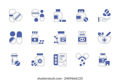 Medizin-Icon-Set. Linienstrich im Duotonstil und fett. Vektorillustration. Enthalten Pillen, Medikamente, Anwendung, Naturheilkunde, Medizin.