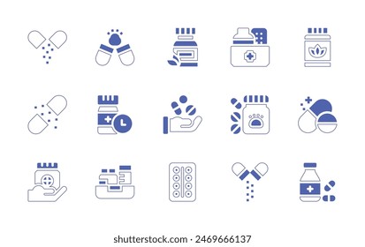 Medicine icon set. Duotone style line stroke and bold. Vector illustration. Containing drug, medicine, vitamins, pill, expired, capsule, naturalmedicine, medicines.